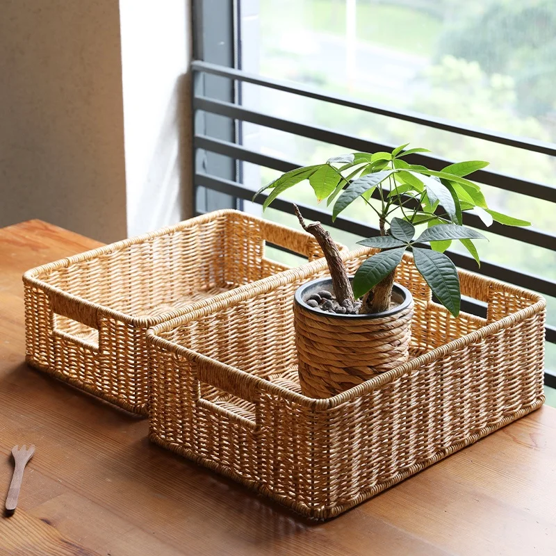 

Современная прямоугольная пластиковая плетеная корзина для хранения, органайзер для ТВ-тумбы, корзина для организации пространства в шкафу, товары для дома, практичное решение для хранения