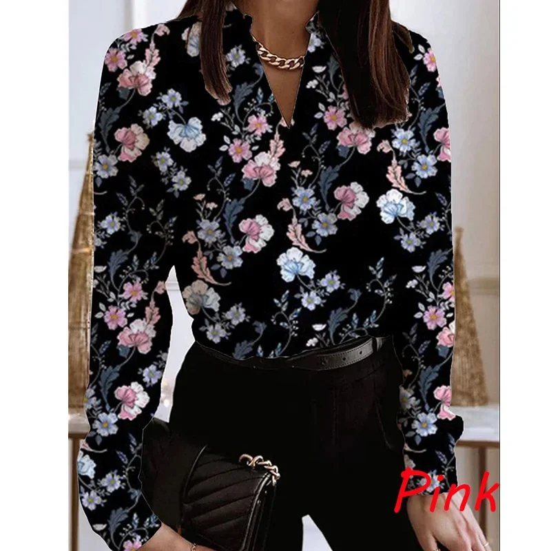 Women\'s Fashion Sexy V Neck Long Sleeve T Shirt Floral Print Shirt Casual Lapel Shirt Ladies Pullover Spring Autumn Loose Top