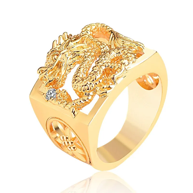 Men's Domineering Dragon Ring, Vietnamese Sand Gold Imitation Gold, Copper Gold-Plated, Hollow-Out Dragon Pattern Ring