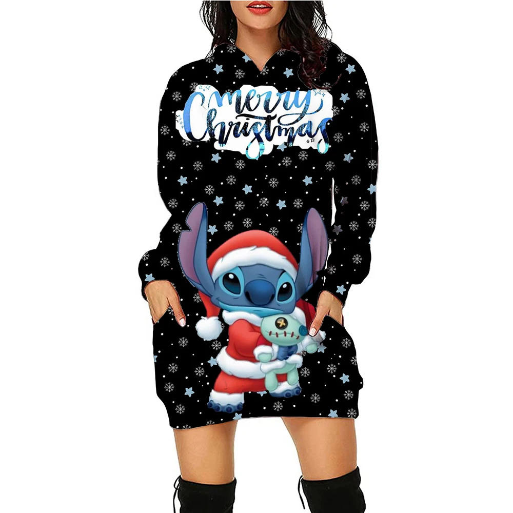 Disney Stitch Kawaii Women\'s Hoodies Dress Ladies Fashion High Quality 2024 Streetwear Youthful Woman Christmas Clothes Pullover