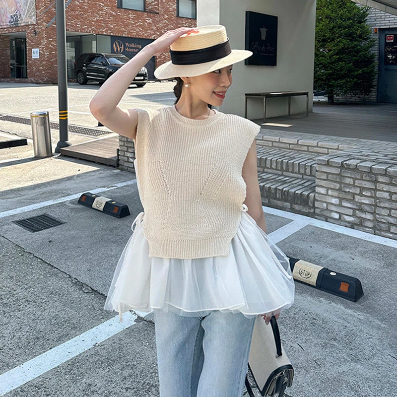 طقم ملابس صيفي نسائي عصري من قماش شبكي محبوك بدون أكمام مع تنورة وحزام بتصميم كوري وواسع وياقة دائرية #4