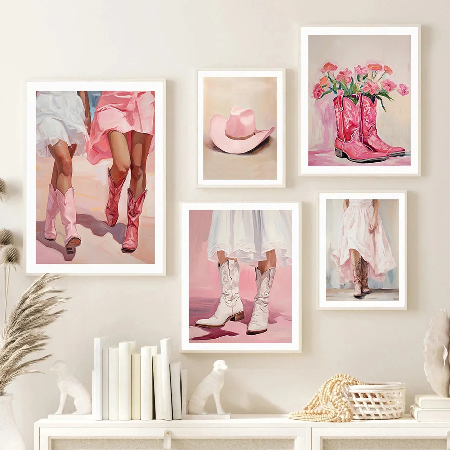 1pc framelessRetro Preppy Coastal Pink Cowgirl Boots Flower Posters Prints Canvas  Wall Art Picture for Living Room Girly Dor