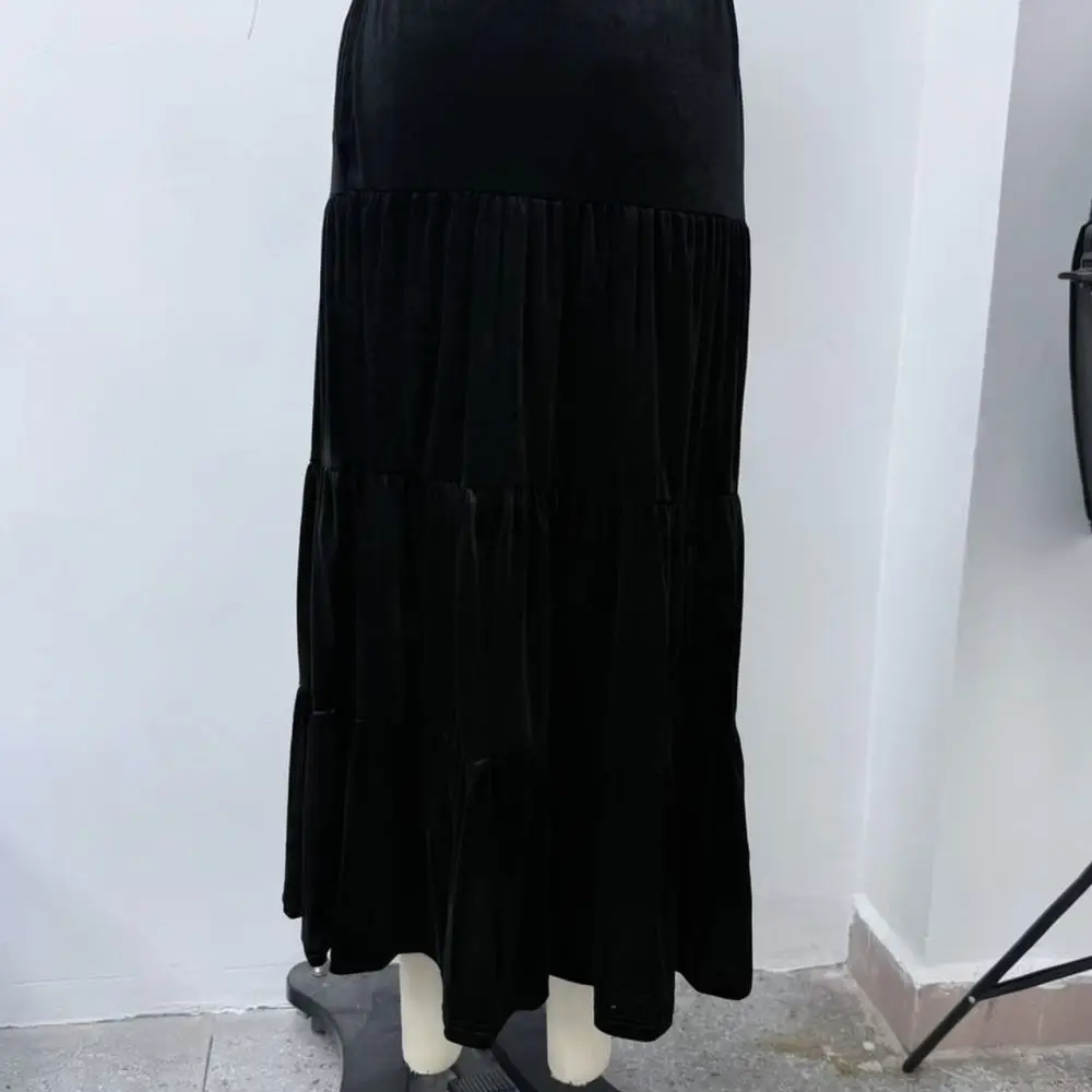 Casual Velvet Midi Skirt Women Fashion Pleated A Line Elastic Waist Soft Comfortable Solid Color Elegant Spring Skirts