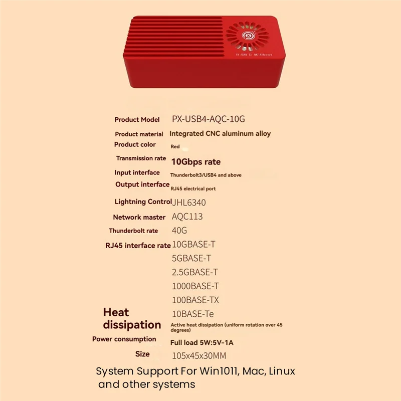 ELECT-For Thunderbolt 10G Network Card PX USB4 To 10G Ethernet For Thunderbolt 3/4 10Gbps USB4 For Mac Win10/11 Linux