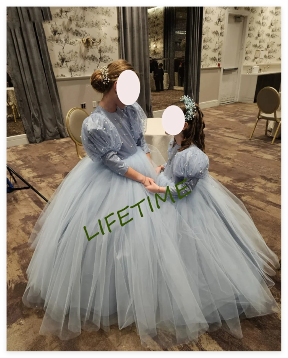 3/4 Sleeve Blue Tulle Flower Girl Dress For Wedding Puffy Balloon Sleeve Pricness Pageant Birthday High Neck Girl Dresses