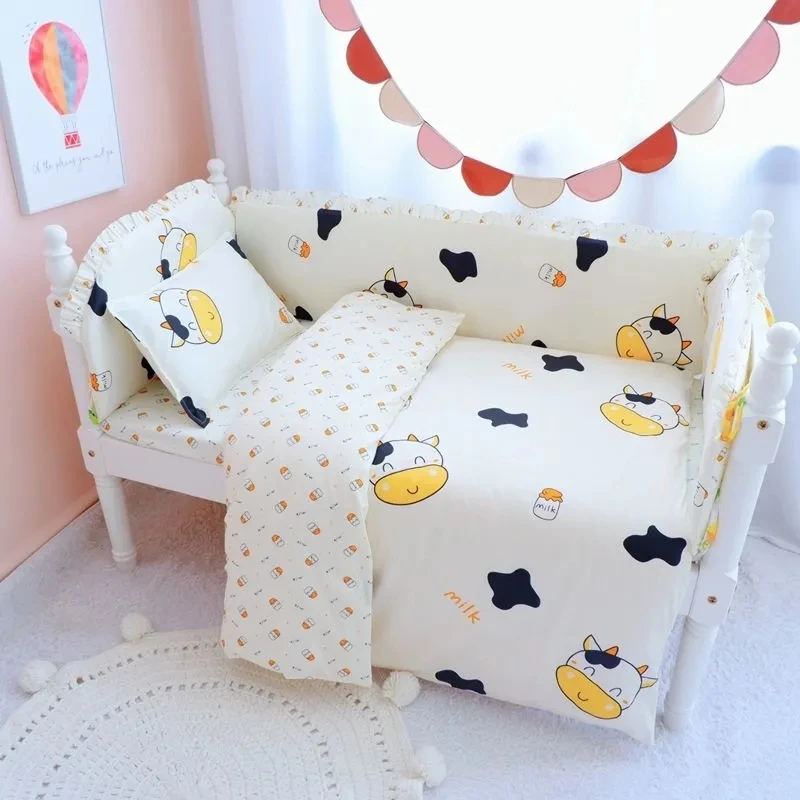 6 Pcs/set Crib Bumpers Fitted Sheet Pillowcase Suit Pure Cotton Anti-collision Crib Bumpers Removable Washable Bed Fence