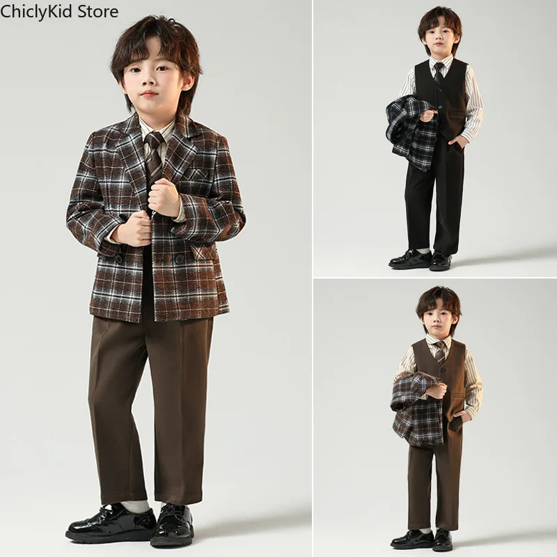 Boys British Double Breasted Blazer Jacket Pants Children Suit Waistcoat Wedding Clothes Sets Toddler Formal Dress Kids Tuxedos