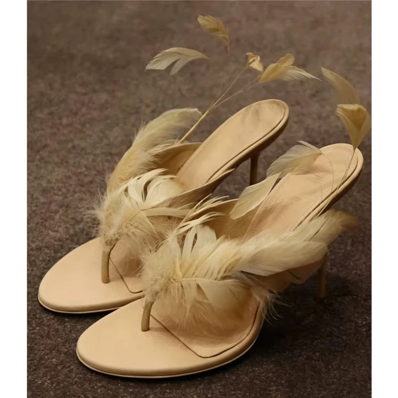 Nude Feather Decorated Stiletto Flip Toe Mules Slippers Woman Summer 2026 Sexy Fur Slip-On High-Heeled Thong Sandals Fashion