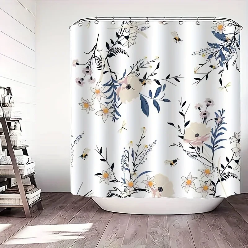 1pc Elegant Bees & Flowers Shower Curtain , Anti-Fog, Machine Washable Polyester Bath Curtain with Vibrant Floral & Butterfly De
