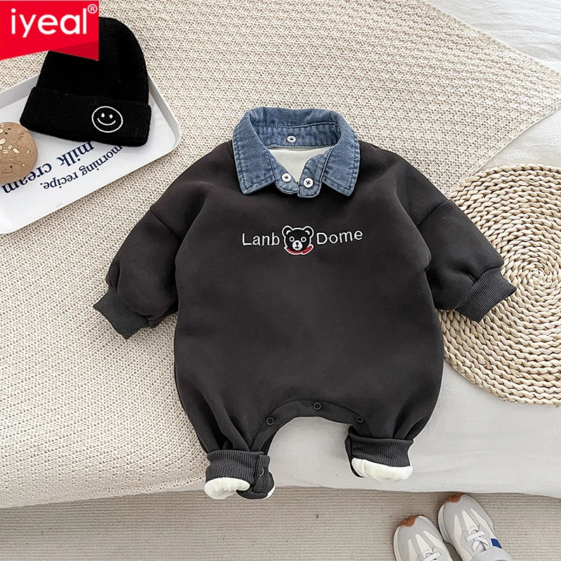 IYEAL Newborn Baby Boys Soft Velvet Warm Romper Autumn Winter New Baby Thickened Lapel  Cute Cartoon Climbing Clothes