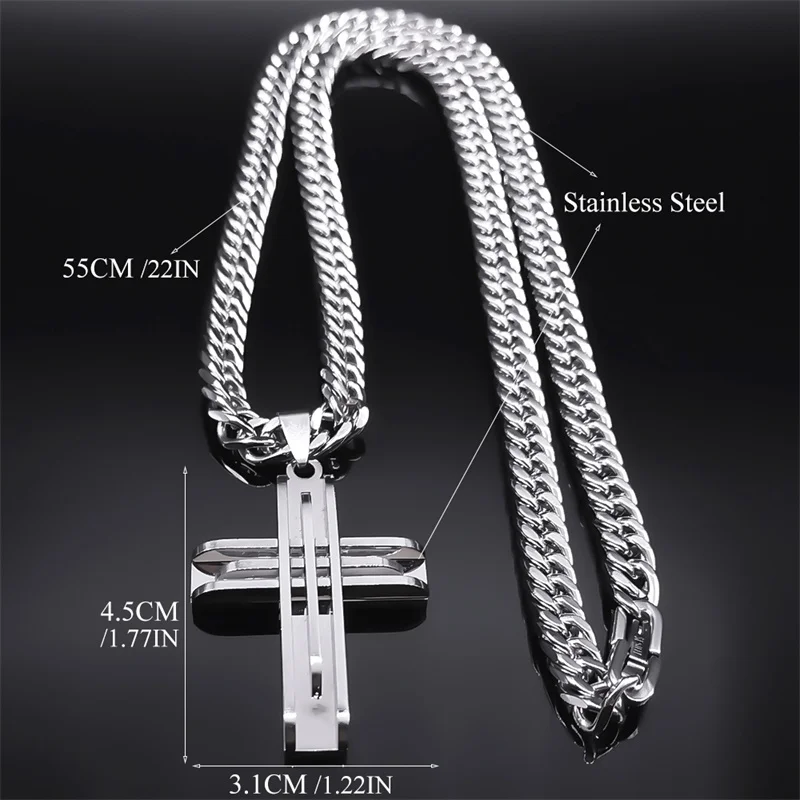 Punk Hip-hop Cross Layered Necklace Men Stainless Steel Silver Color Religious Necklaces Jewelry Party  Anniversary Gift N2356