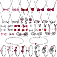 Original 925 Sterling Silver Bow Heart Set Ring Necklace Earring Colorful Crystal Women Birthday Valentine's Gift DIY Jewellery