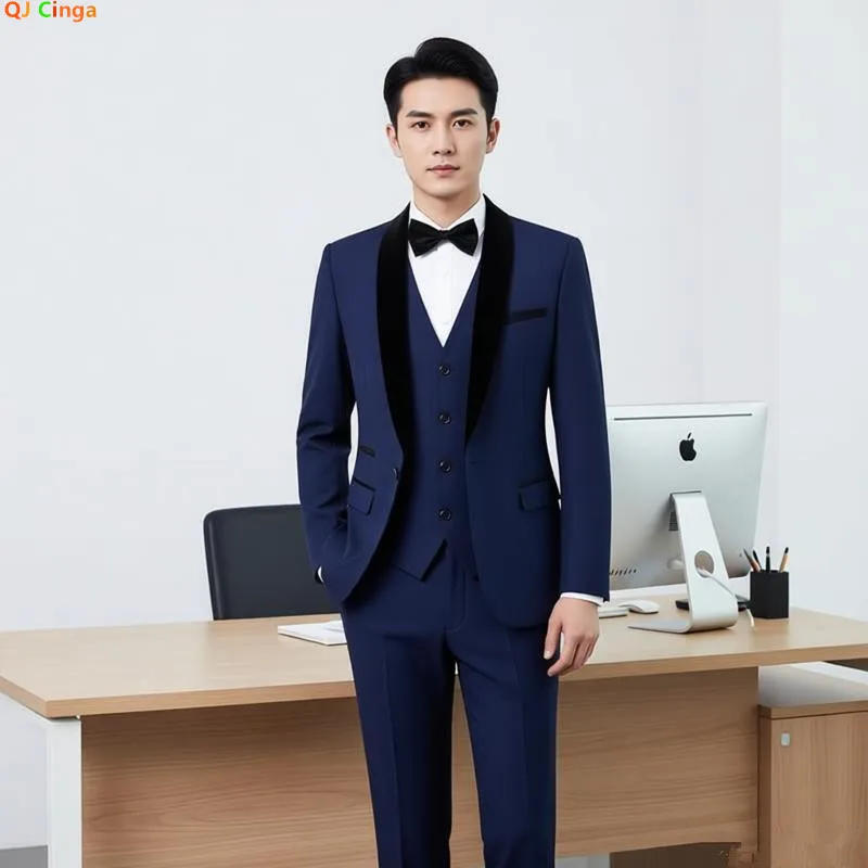 

Men's Navy Blue Three-piece Suit, Business/Wedding/Party Slim-fit Jacket and Vest with Trousers. Black, Purple, Gray, Red, Green