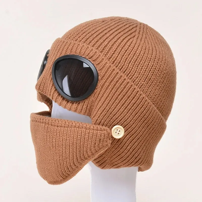 1 Pcs Autumn and Winter Warm Hat New Aviator Glasses Ear Protection Plus Velvet Warm Wool Knitted Hat with Mask - view 5