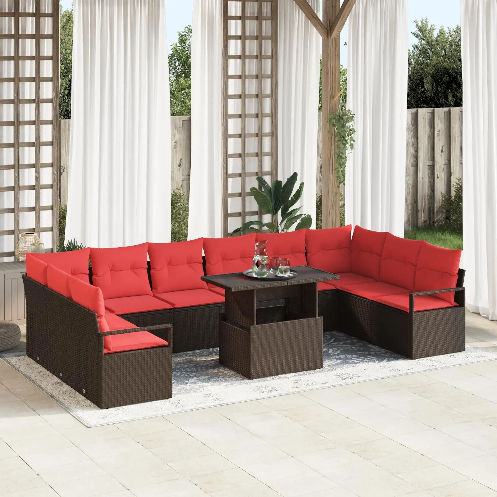 

11 Piece Outdoor Patio Rattan Sofa Set with Cushions Brown Comfortable Furniture for Garden Yard Balcony