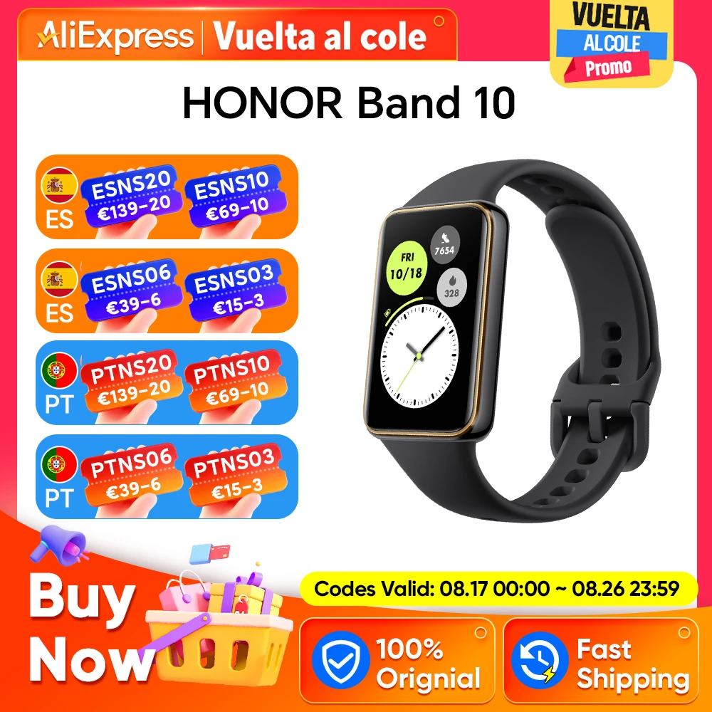 Versión Global Honor Band 10 banda inteligente diseño de borde curvo salud matutina 1,57 "pantalla AMOLED 5ATM… — oferta en AliExpress