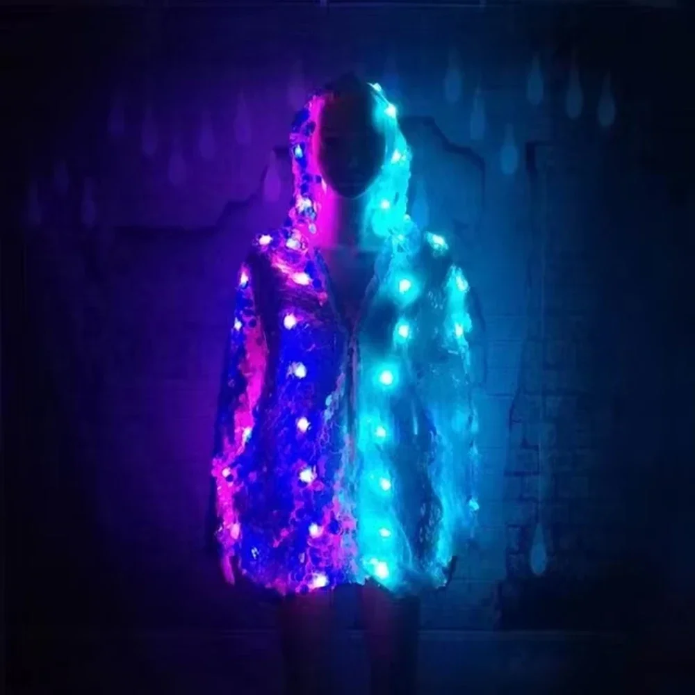 LED Long Sleeve Flash Clothing Women Sequin Costume Personality Hooded Fashion Party Festival Performance Light Women Costume