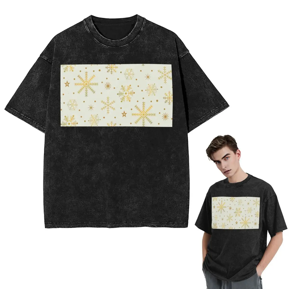 

Streetwear T-Shirts Classic Christmas Golden Snowflakes Washed T Shirt Short Sleeve Hip Hop T-Shirt Tops Tees for Men Women