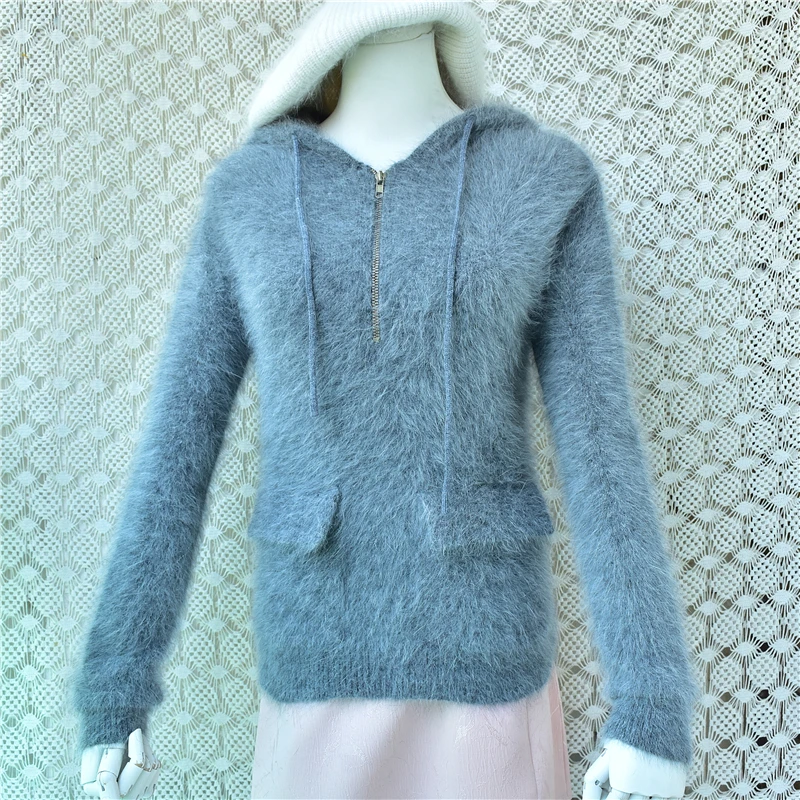 Ladies Women Autumn Winter Fashion Gray Hairy Angora Rabbit Hair Knited Hooded Cute Slim Mink Fur Sweater Jumper Pull Tops
