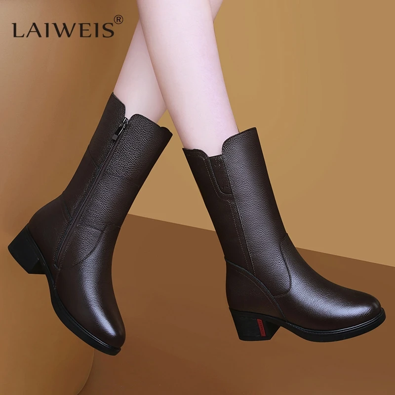 Footwear Half High Women Boots Middle Heel Shoes for Woman Black Mid Calf Fashion 2024 Designer Luxury Goth Genuine Leather Boot