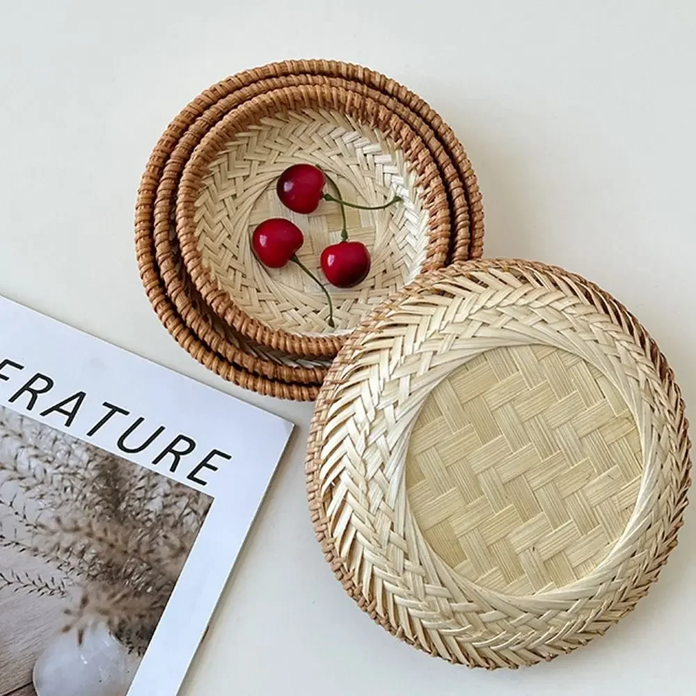 Home Organizer Bambus Rattan Aufbewahrungskorb, handgefertigt, kreativer Backteller, einfacher runder Obstkorb, Tee