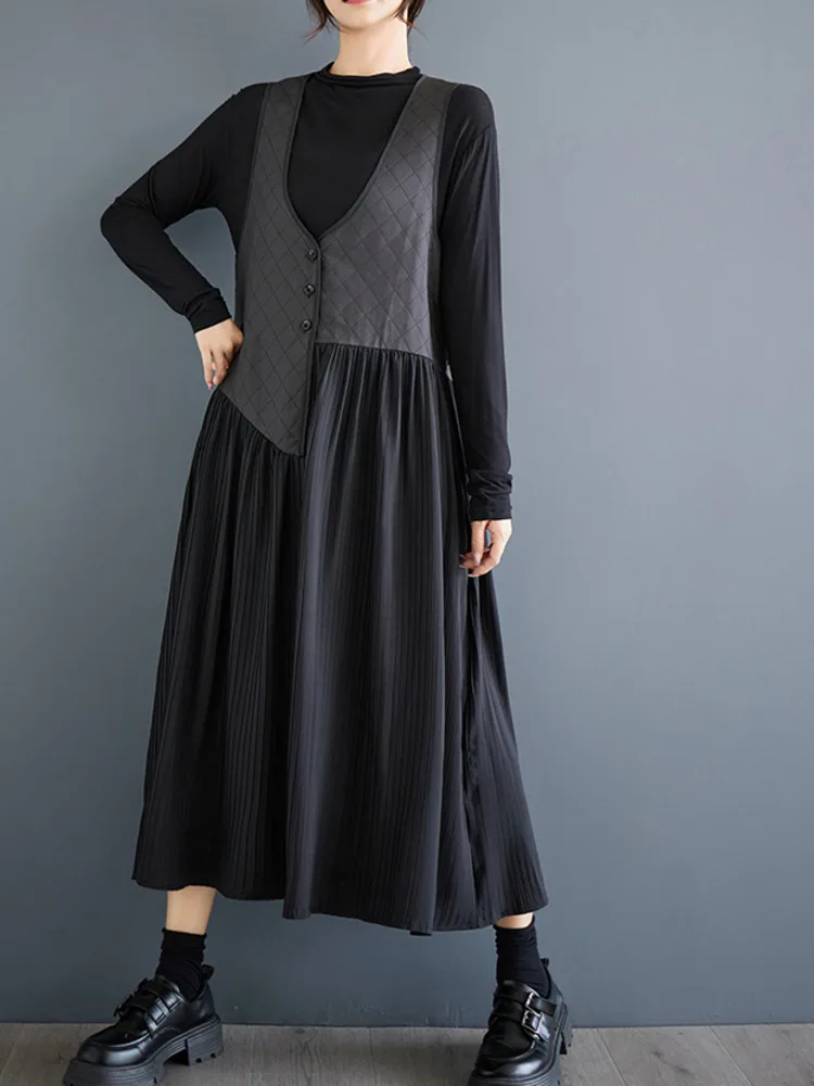 Robe trapèze plissée à col en V pour femmes noires, robes supérieures, boutons, Vintage, faux, 2 pièces, Li-fendue, midi, noir, #6880