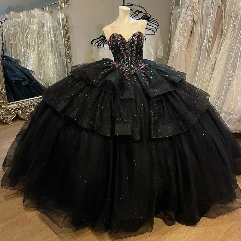 

Black Sweetheart Princess Quinceanera Dresses Off The Shoulder Beads Crystal Tull Tiered Party Birthday Ball Gown Vestidos De 15