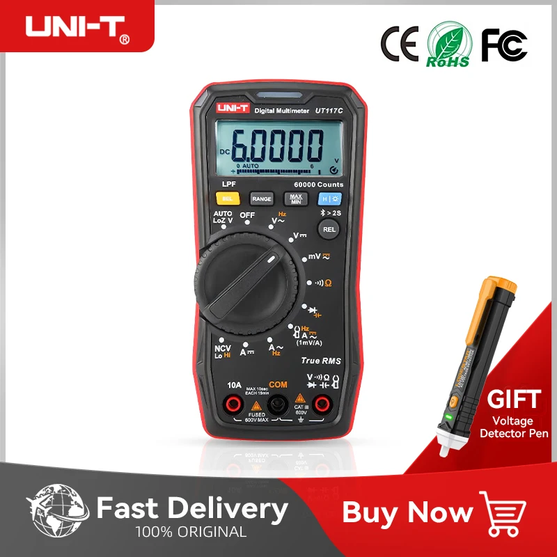 UNI-T UT117C بلوتوث رقمي متعدد 60000 التهم المهنية MultimetroTrue RMS التيار المتناوب/تيار مستمر جهاز قياس الجهد الكهربائي الحالي المدى التلقائي