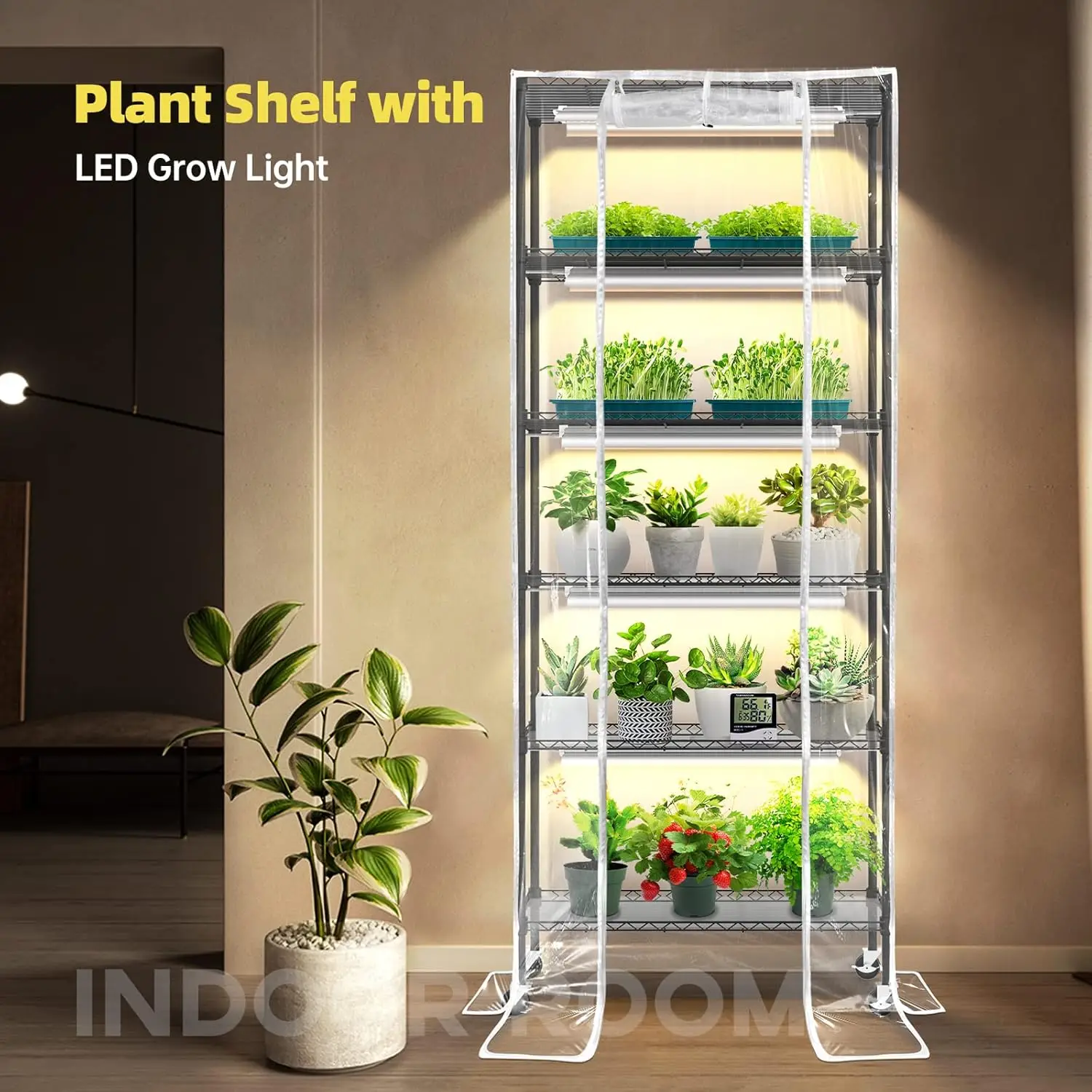 Plant Shelf With Grow Light, Grow Light Shelf With Cover And Thermometer, 6 Tier Plant Stand With Grow Light , Greenhouse With