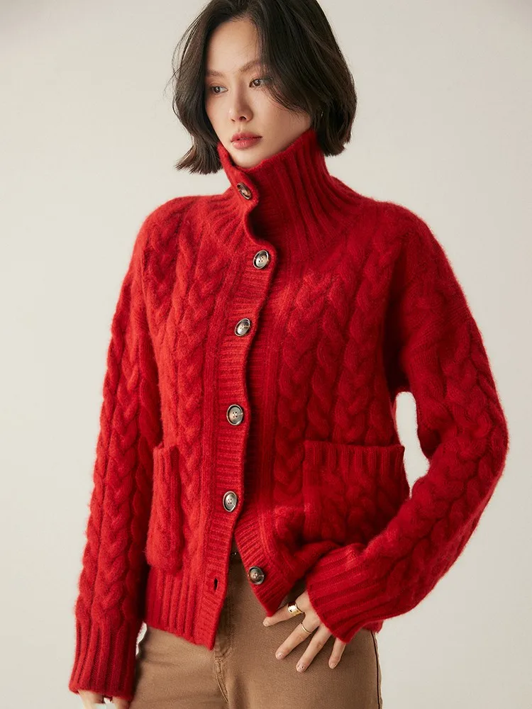 Pull à col roulé en cachemire pour femme, cardigan torsadé, haut chaud, tricots optiques, poids lourd, choix, automne, hiver, 100%