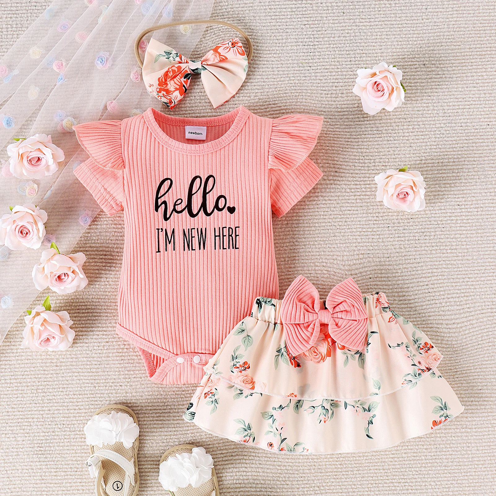 3PCS Summer 0-1 Years Old Fashion Trend Comfortable Soft Cute Baby Girl Pit Strip Ha Dress + Skirt + Bow Head Estimate