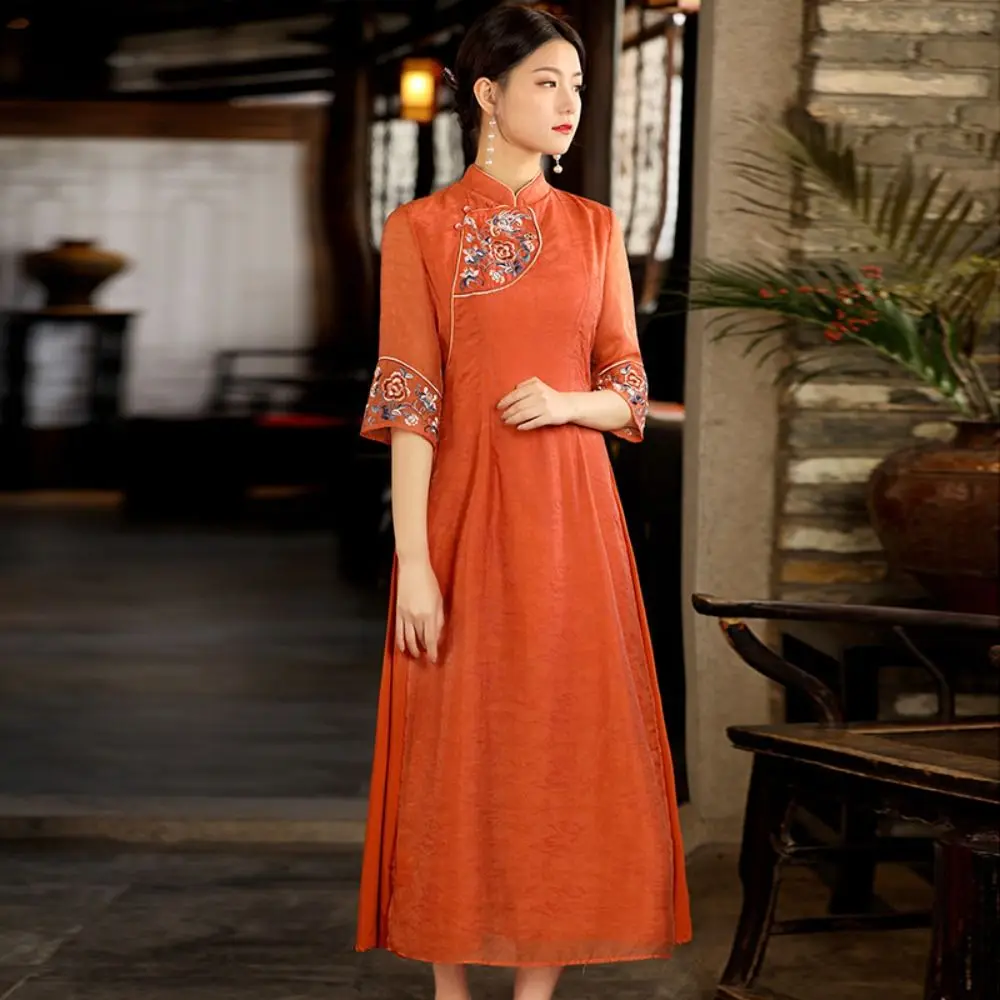 Delicacy Embroidery New Chinese Cheongsam Loose Flower Ethnic Style Dress Frog Fastener Half Sleeve Women Long Dress Summer