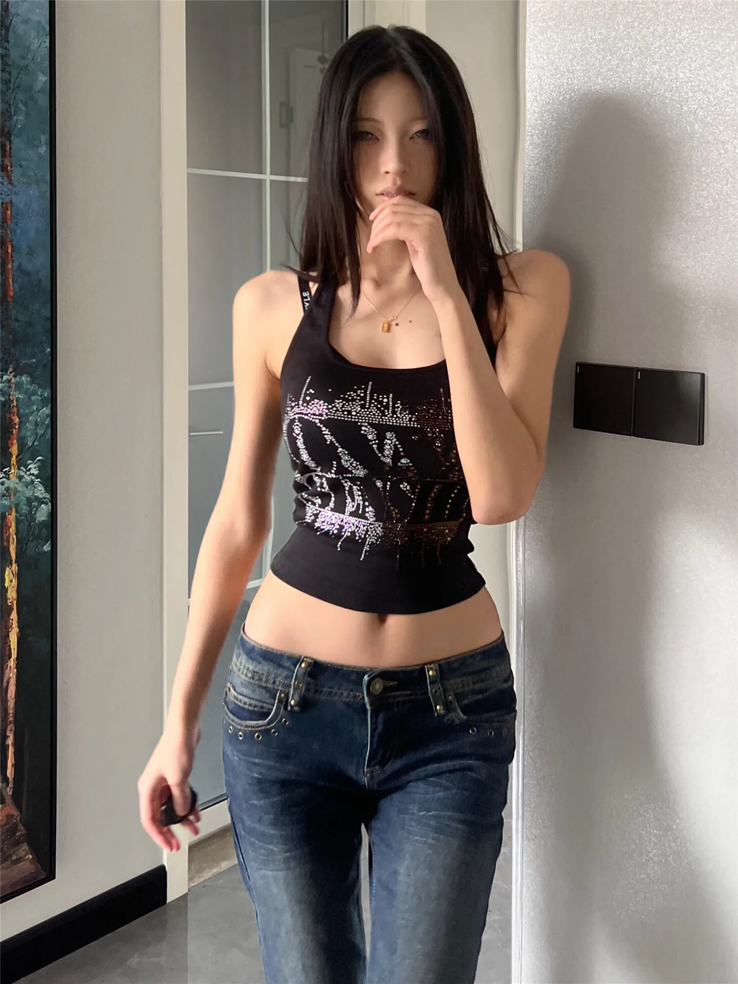 

Ретро-джинсы с заклепками и низкой посадкой, расклешенные, женские, с эффектом похудения, длинные, в пол, из хлопка, плотный материал, глубокий цвет