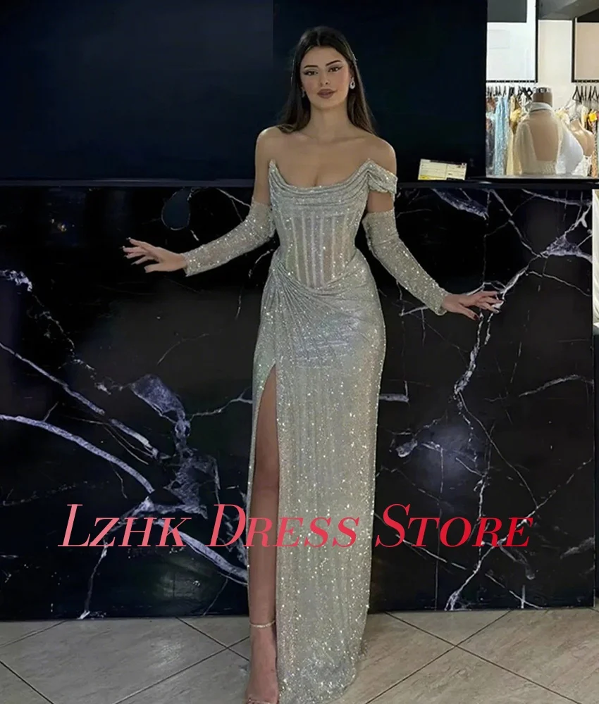 Personalizado de luxo lantejoulas cristal fora do ombro manga destacável a linha vestido de noite sexy sem alças vestidos de ocasião sob medida