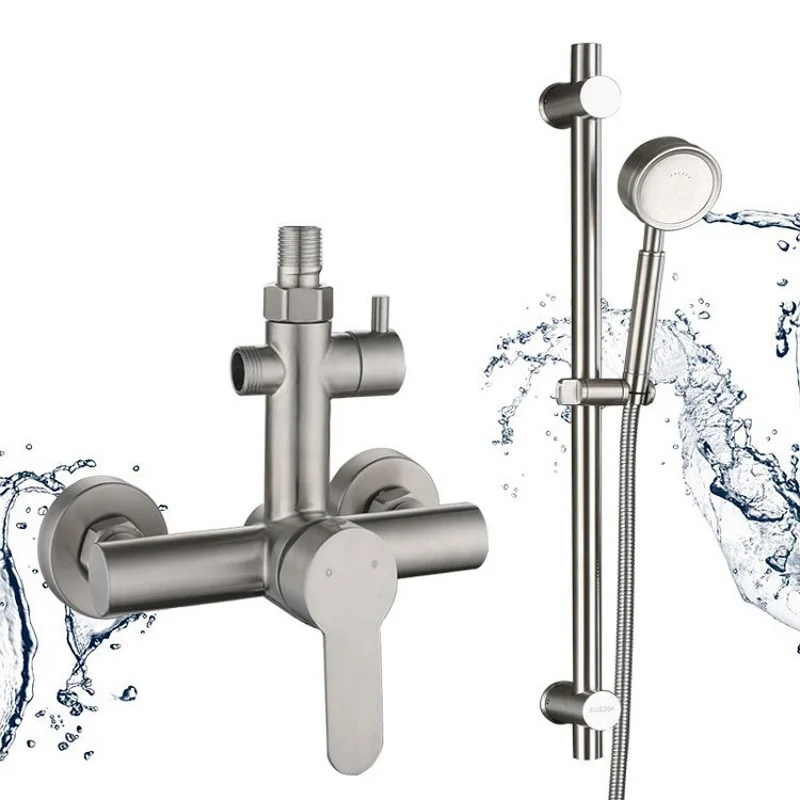 304 Stainless Steel Shower Faucet with Shower Head Dual Spout Bathroom Hot Cold Mixer Water Tap Bathtub Hand Spray Upper Outlet