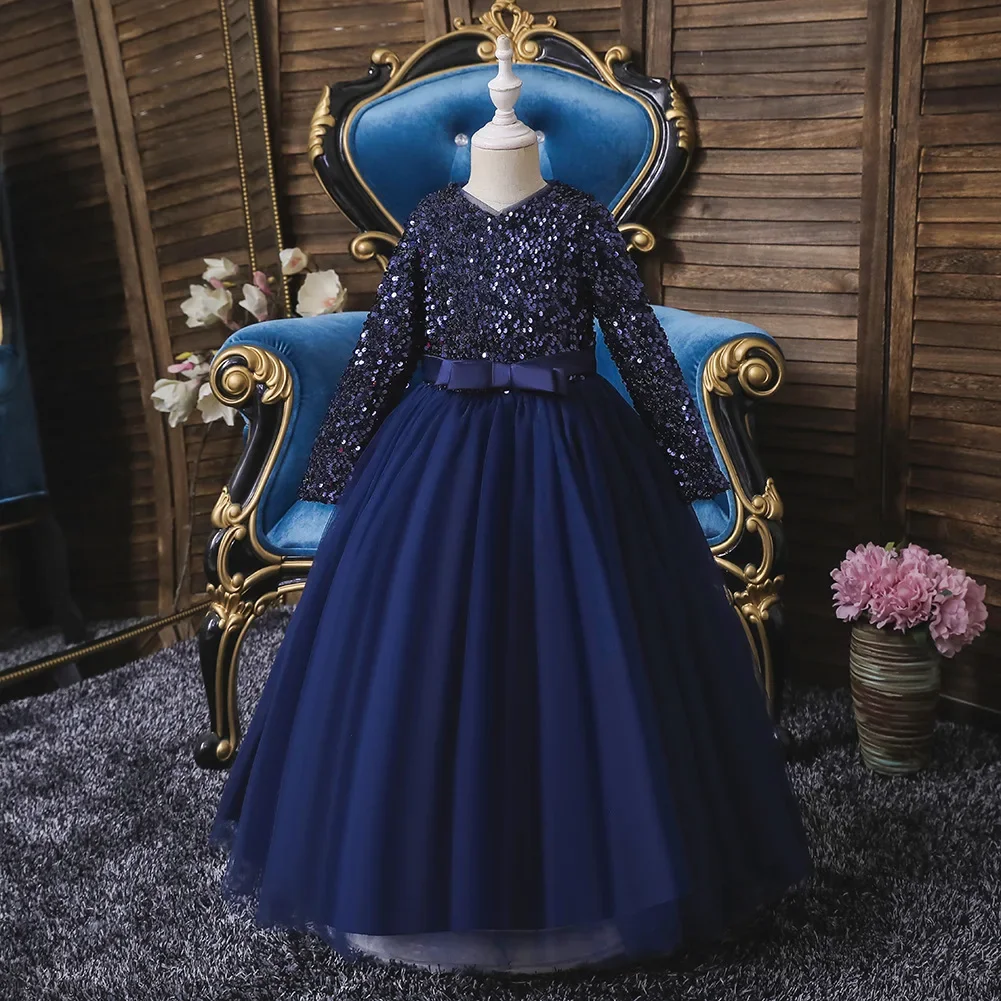 Vestido de manga larga con lentejuelas de cuentas, malla esponjosa, vestido de princesa, fiesta de cumpleaños, actuación, noche, nuevo, caliente, otoño, invierno