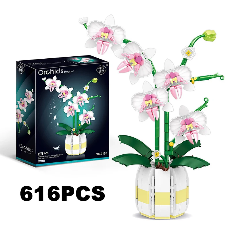 

616 шт. букет орхидей в горшках строительные блоки бессмертный цветок домашний стол украшение растения собрать кирпичи игрушки подарки для детей девочек