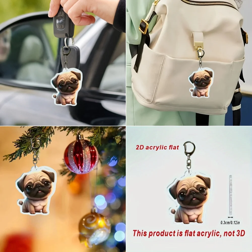 2D Tongue-Out Pug Keychain Cute Puppy Acrylic Pendant Versatile Charm Fashion  for Car Mirror,Backpack,Home,Festive,Gift & Decor