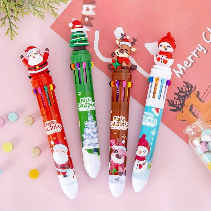 10pcsCreative Cute Holiday Christmas Colorful Ten-Color Ballpoint Pen，Plastic retractable fine point pen，Random Style，5Pen+5A no
