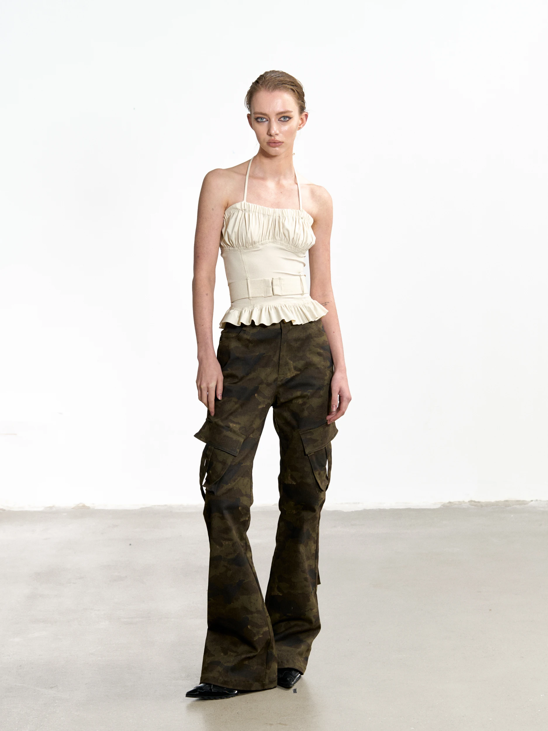 

r ort Bowed Ne Ruffle Hem Elastic Waisand Slim Fit Vest Top in Beige Original Design Bal Pure Color Summer Top