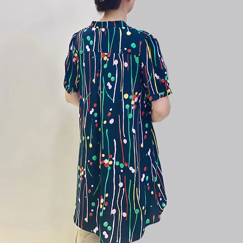 2024 Summer Women Stylish Print Button Up Shirt Elegant Casual O Neck Short Sleeve Blouse Ladies Loose Tunic Tops Chiffon Blusas