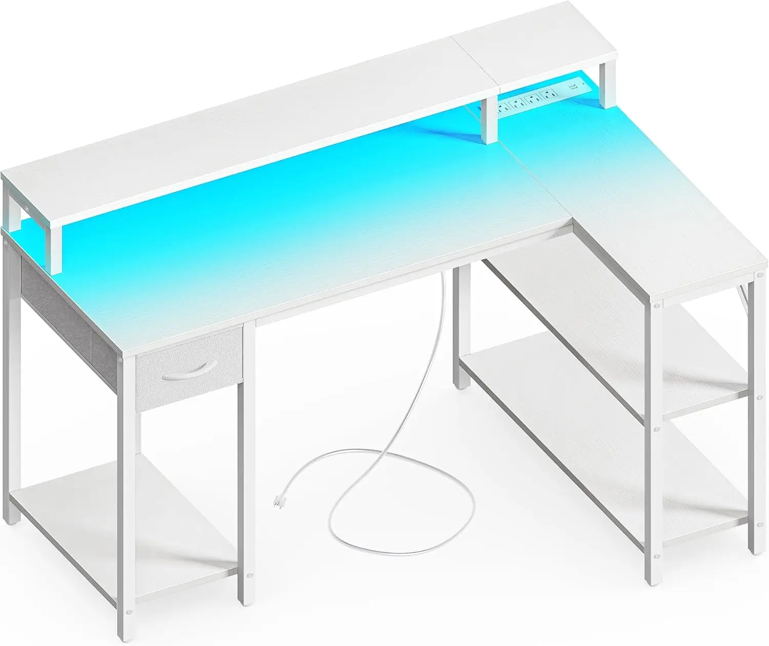 Superjare 47 Inch Reversible L Shaped Desk With Led Lights & Power Outlets, Computer Desk With Shelves & Monitor Stand, Gaming