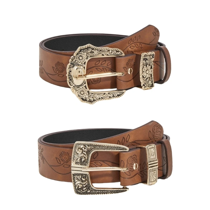 

Popular PU Leather Belt for Women Girl Carved Buckle Belt Western Waiststrap