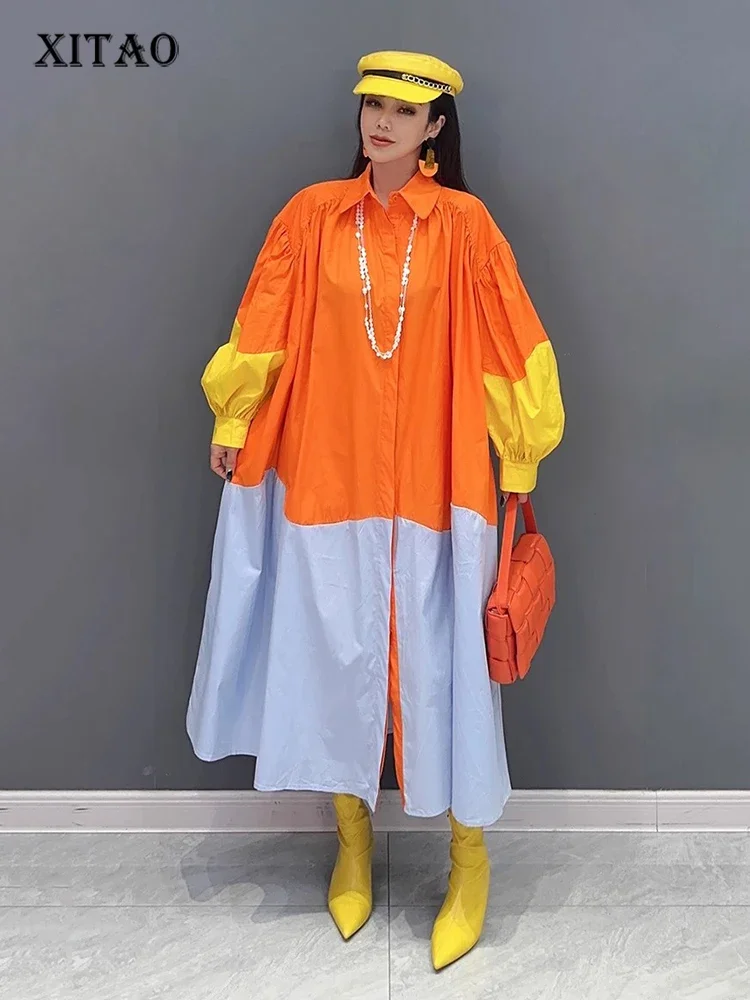 

XITAO Contrast Color Patchwork Shirt Dress Loose Fashion Turn-down Collar Long Sleeve Dress 2025 Spring New Women LYD1529