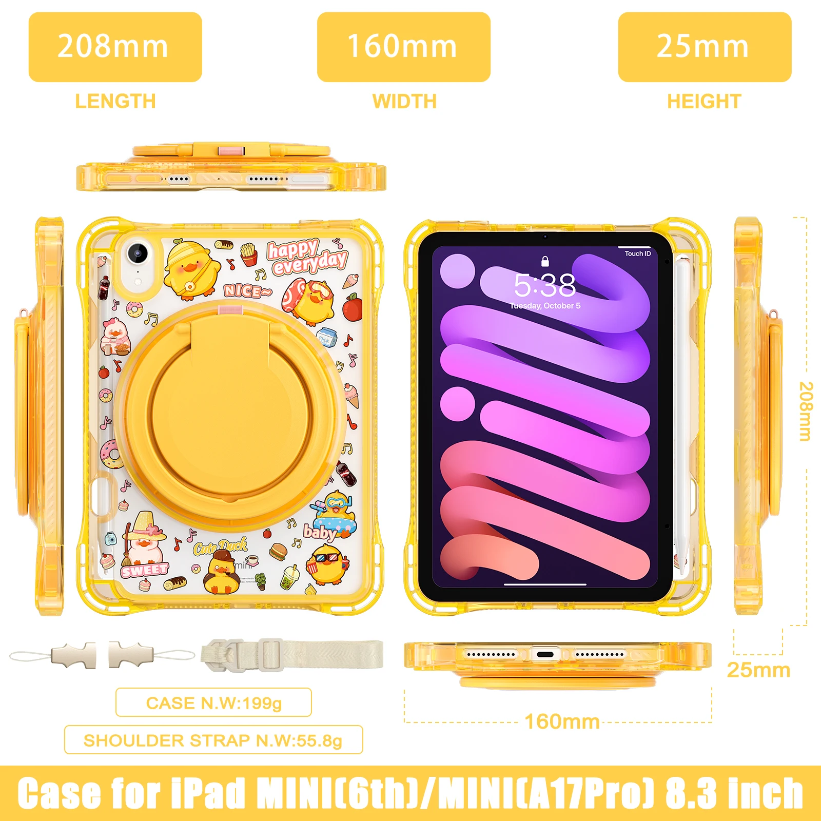 

Чехол-подставка с вращением на 360 градусов для iPad Mini 6 7 A17Pro, безопасный противоударный чехол для планшета с мультяшным ПК + чехол-подставка из ТПУ + плечевые ремни