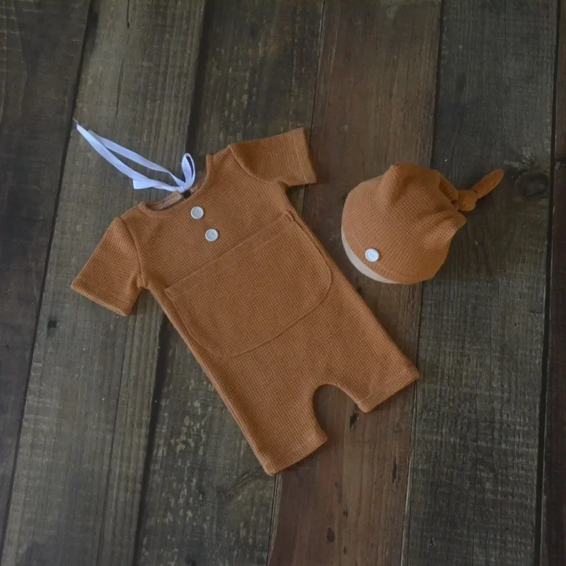 Roupas fotográficas de bebê com manga curta e chapéu longo pontudo, adereços fotográficos comemorativos de crescimento recém-nascido, roupas tricotadas, bricolage, presentes, 0-2 meses