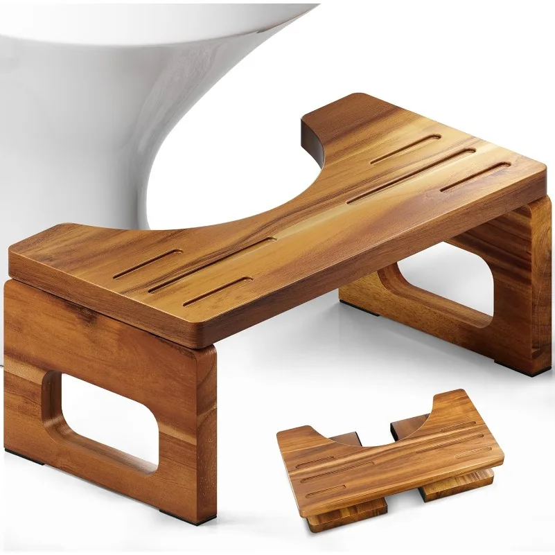 

Toilet Stool, Acacia Wood Poop Stool for Potty Training, 7 Inch Non-Slip Bathroom Step with Collapsible Design for Adults