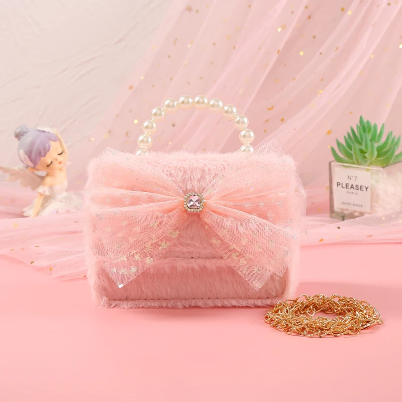 Bolsa de felpa para niños, mochila con lazo cálido, regalo de cumpleaños de princesa, color rosa y blanco, nueva