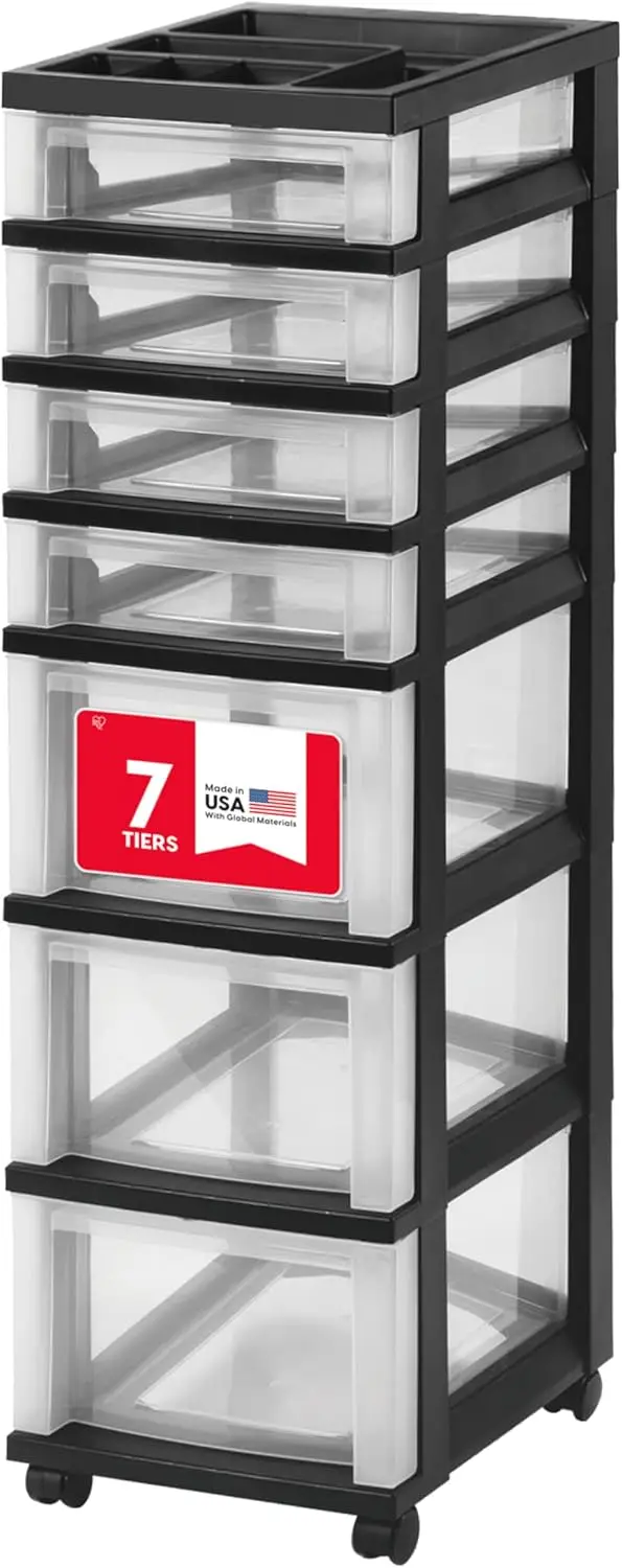 Rolling 7-Drawer Storage Cart with Wheels, Black/Clear, for Home Office Classroom