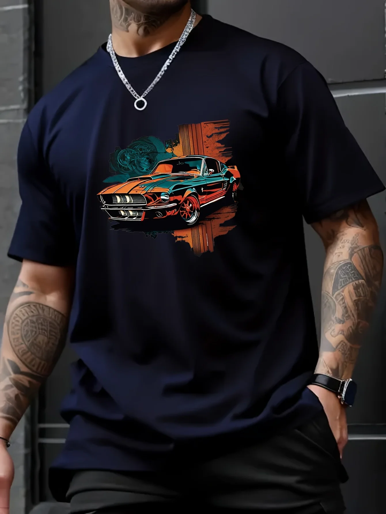 Car Print Men\'s Creative Top, Casual Short Sleeve Crew Neck T-shirt, Men\'s Clothing For Summer Outdoor